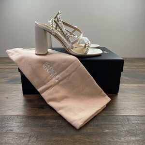 Badgley Mischka Jordyn Pearl Strappy Block Heel Bridal Wedding White Womens 5.5